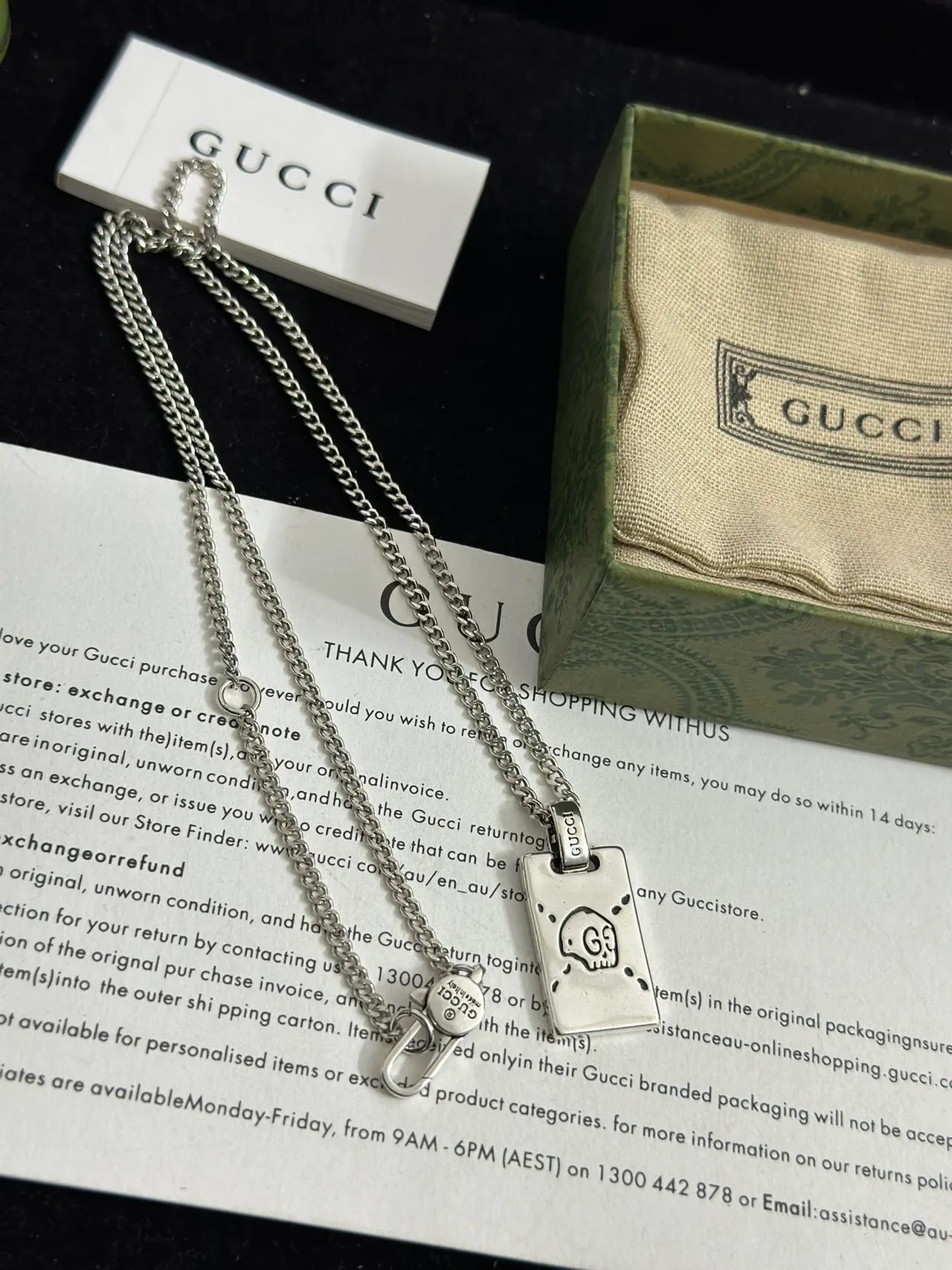 Gucci Skull Dog Tag Silver Green Rectangular Pendant Curb Chain Necklace 3