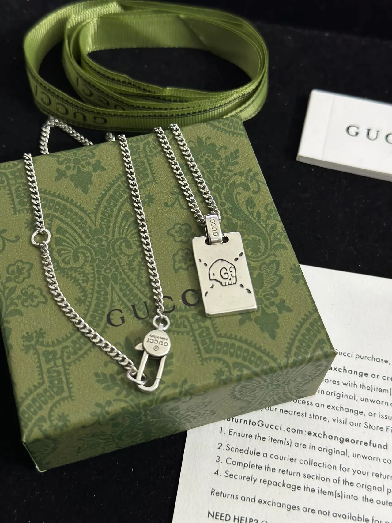 Gucci Skull Dog Tag Silver Green Rectangular Pendant Curb Chain Necklace 5
