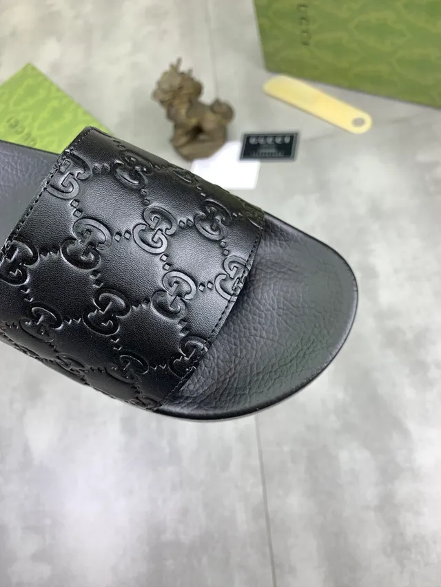 Gucci Slide Black and Dark Brown Embossed GG Monogram Slippers 9