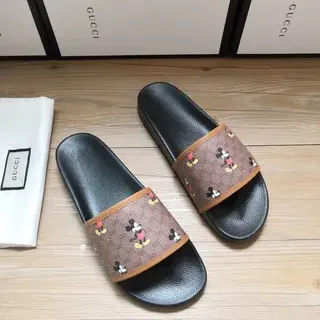 Gucci Slide Black Brown GG Monogram Canvas Strap Mickey Mouse Print Slippers