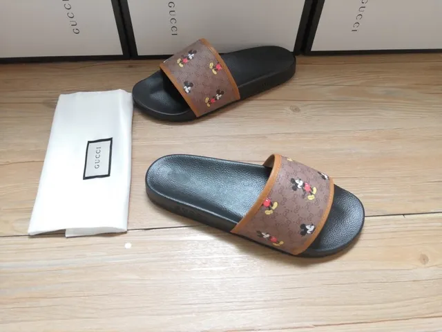 Gucci Slide Black Brown GG Monogram Canvas Strap Mickey Mouse Print Slippers 2