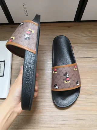Gucci Slide Black Brown GG Monogram Canvas Strap Mickey Mouse Print Slippers 3