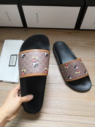 Gucci Slide Black Brown GG Monogram Canvas Strap Mickey Mouse Print Slippers 4