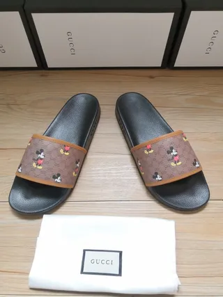 Gucci Slide Black Brown GG Monogram Canvas Strap Mickey Mouse Print Slippers 5