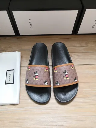 Gucci Slide Black Brown GG Monogram Canvas Strap Mickey Mouse Print Slippers 6