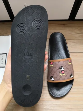 Gucci Slide Black Brown GG Monogram Canvas Strap Mickey Mouse Print Slippers 7