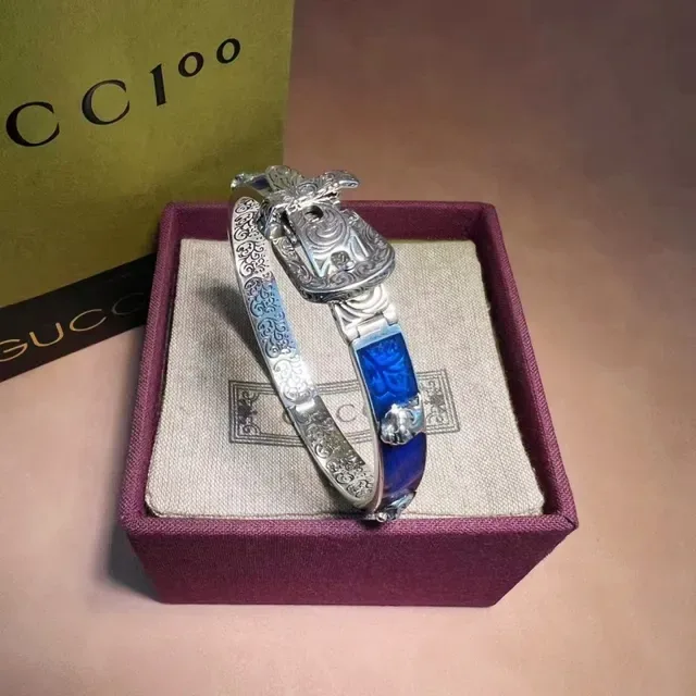 Gucci Tiger Motif Blue Enamel Filigree Bangle Bracelet 3