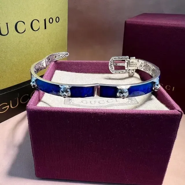 Gucci Tiger Motif Blue Enamel Filigree Bangle Bracelet 4
