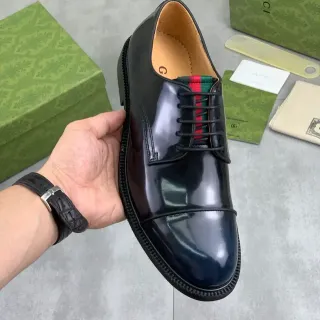 Gucci Web Stripe Oxford Black Green High-Gloss Patent Leather Cap Toe Oxford Shoes