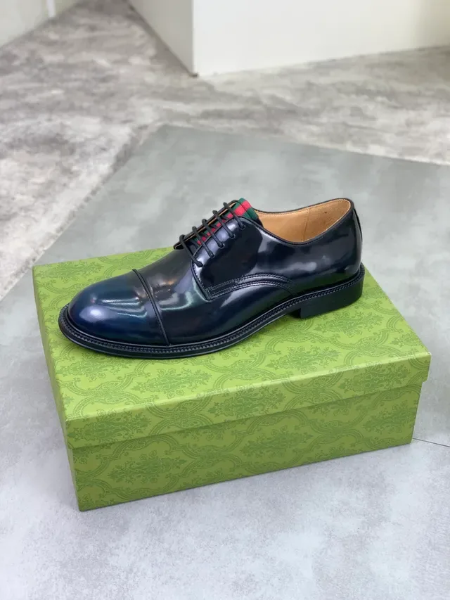 Gucci Web Stripe Oxford Chaussures Oxford Noir et Vert Cuir Patenté Haut Brillant Bout Cap Toe 4