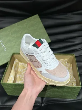 Gucci White Beige Monogram Canvas Web-Tongue Detail Lifestyle Sneakers 6