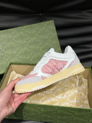 Gucci White Pink GG Monogram Canvas Web Stripe Heel Tab Lifestyle Sneakers 2