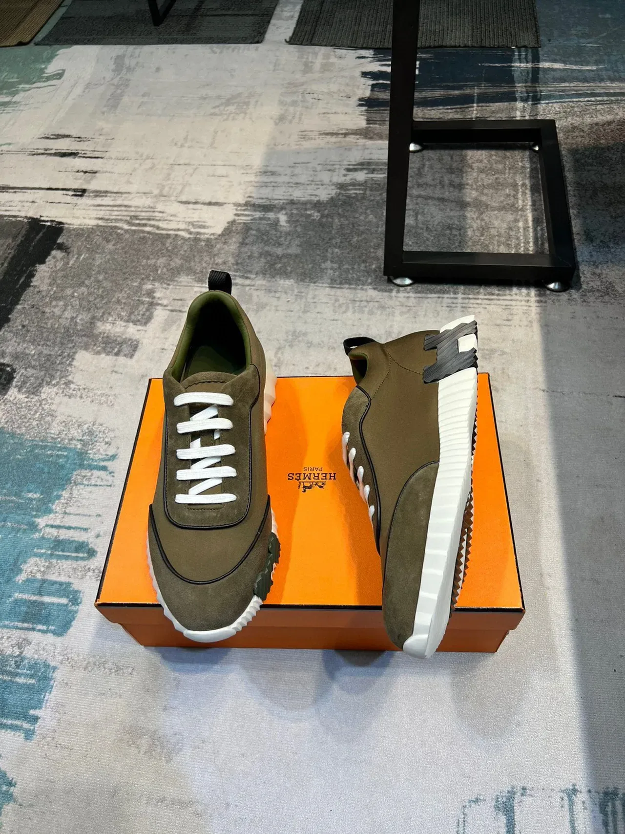 Hermès Army Green White Olive Suede And Fabric Upper Laces Sneakers 4