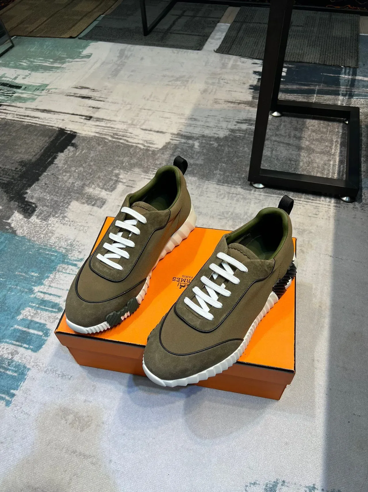 Hermès Army Green White Olive Suede And Fabric Upper Laces Sneakers 5