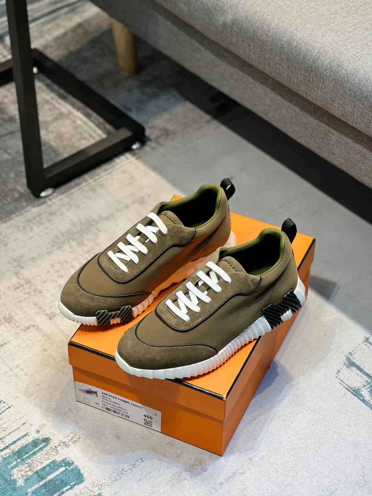 Hermès Army Green White Olive Suede And Fabric Upper Laces Sneakers 6