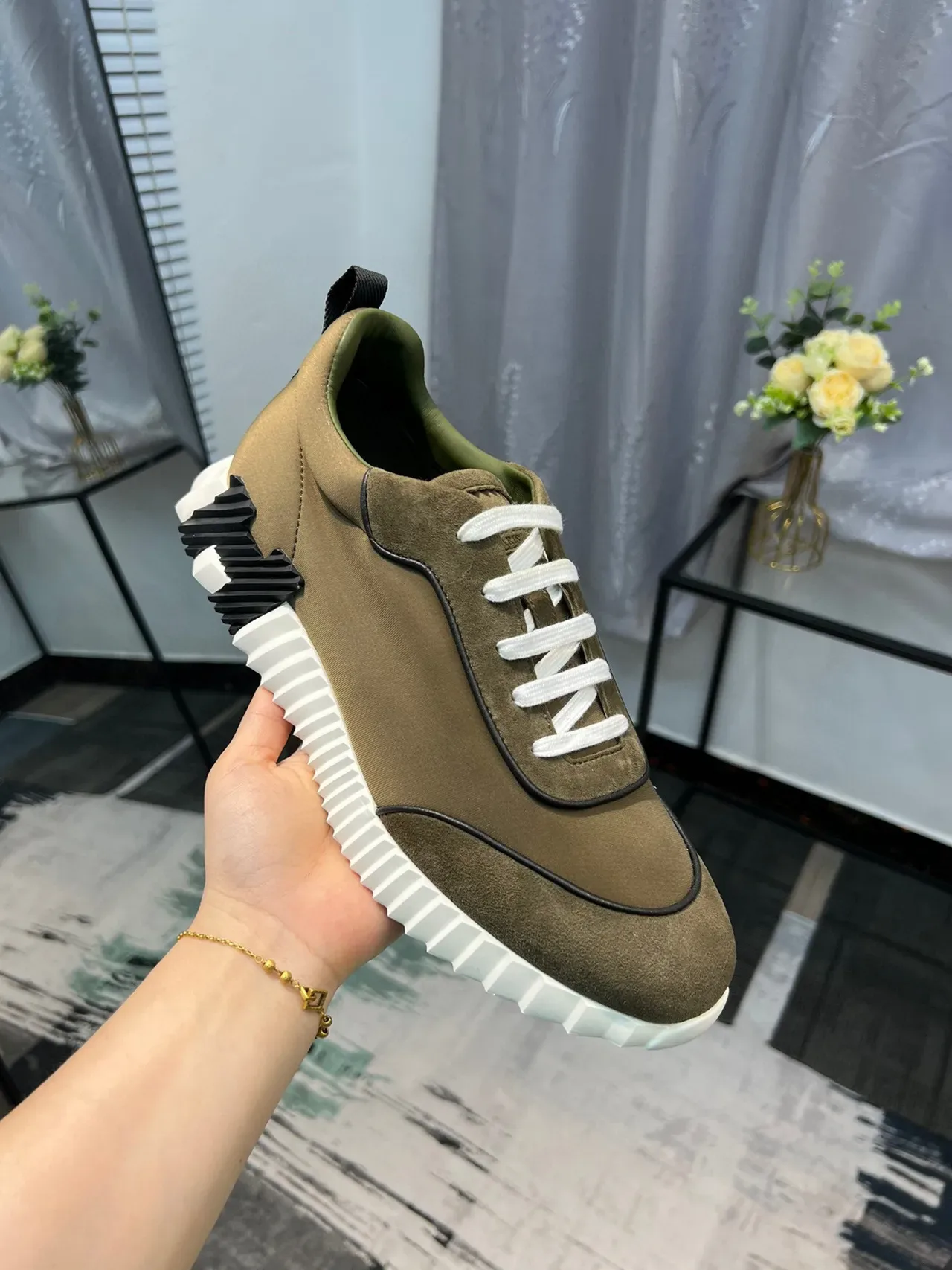 Hermès Army Green White Olive Suede And Fabric Upper Laces Sneakers 7