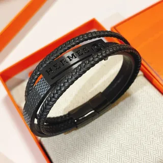 Hermès Pulsera de Cuero Trenzado Negro de Doble Envoltura