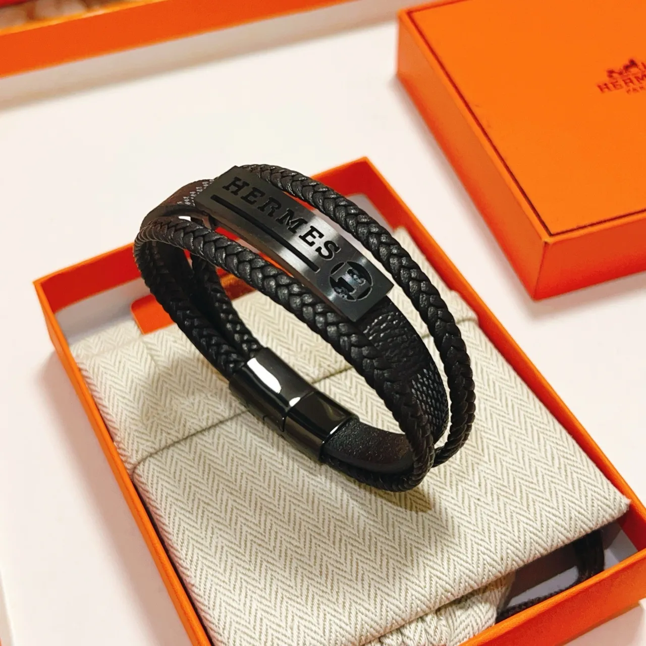 Hermès Black Braided Leather Double-Wrap Bracelet 6