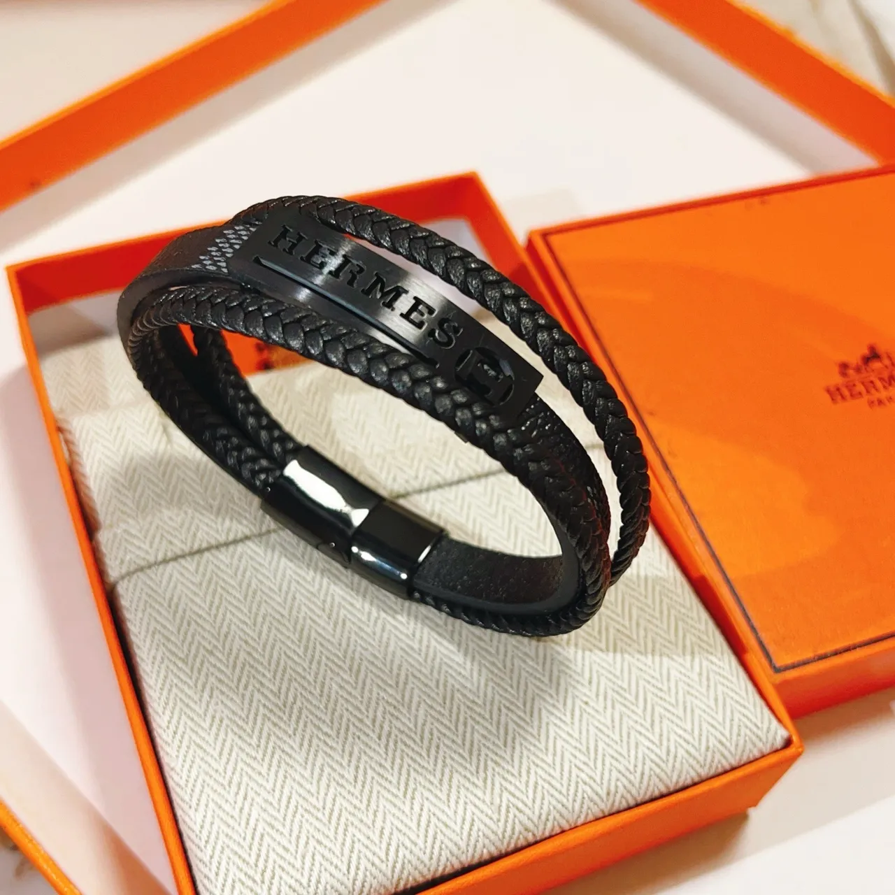Hermès Black Braided Leather Double-Wrap Bracelet 7