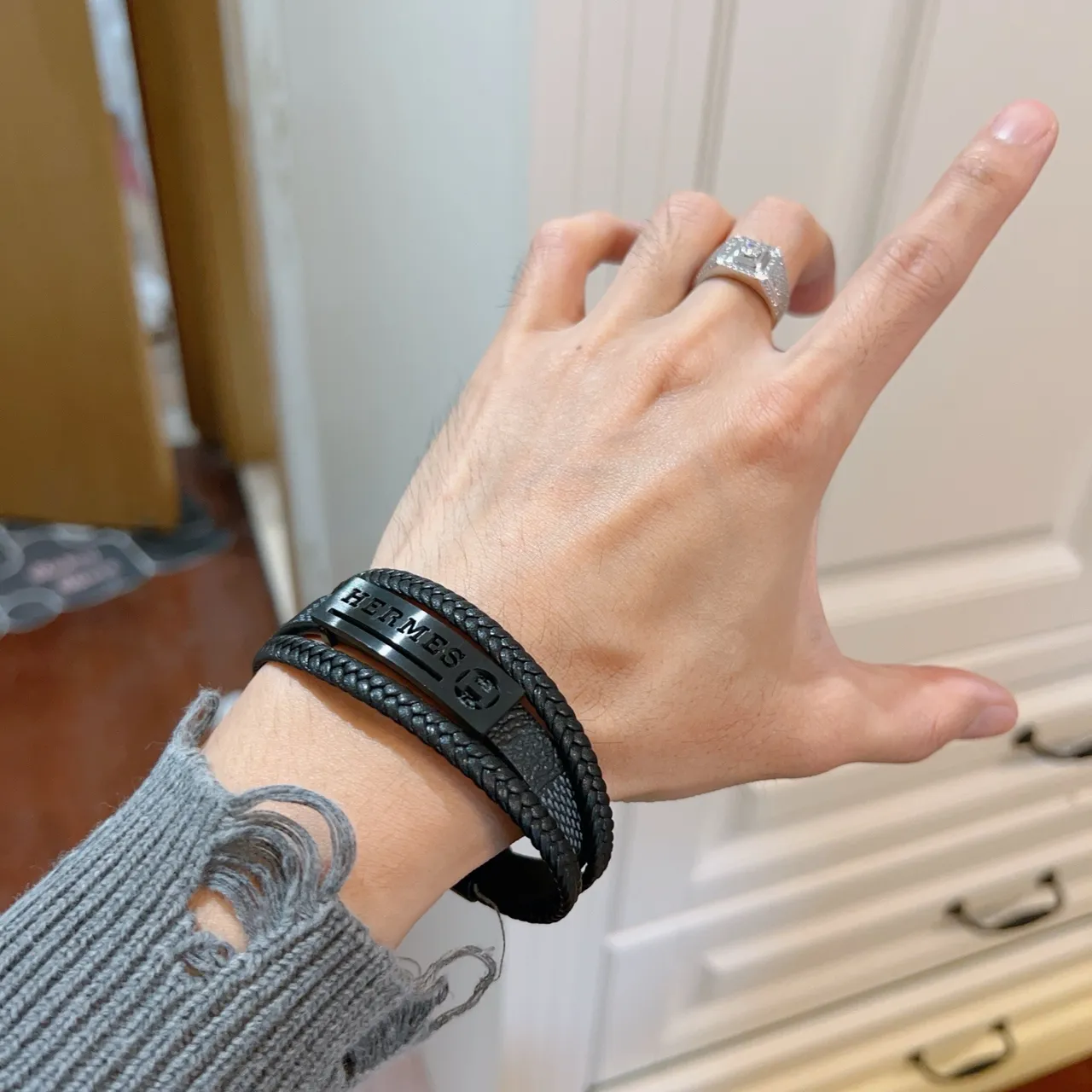 Hermès Black Braided Leather Double-Wrap Bracelet 8