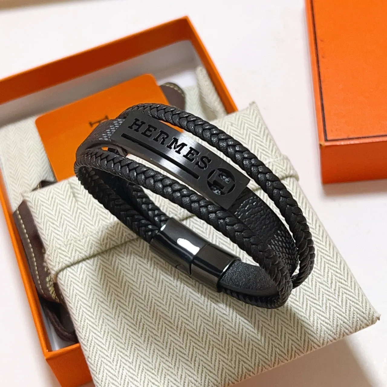 Hermès Black Braided Leather Double-Wrap Bracelet 9