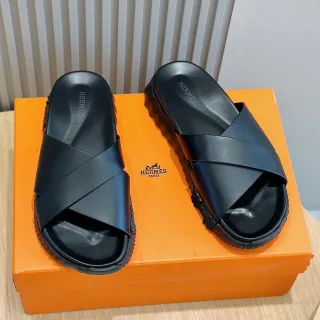 Hermès Black Crisscross Strap Platform Slippers