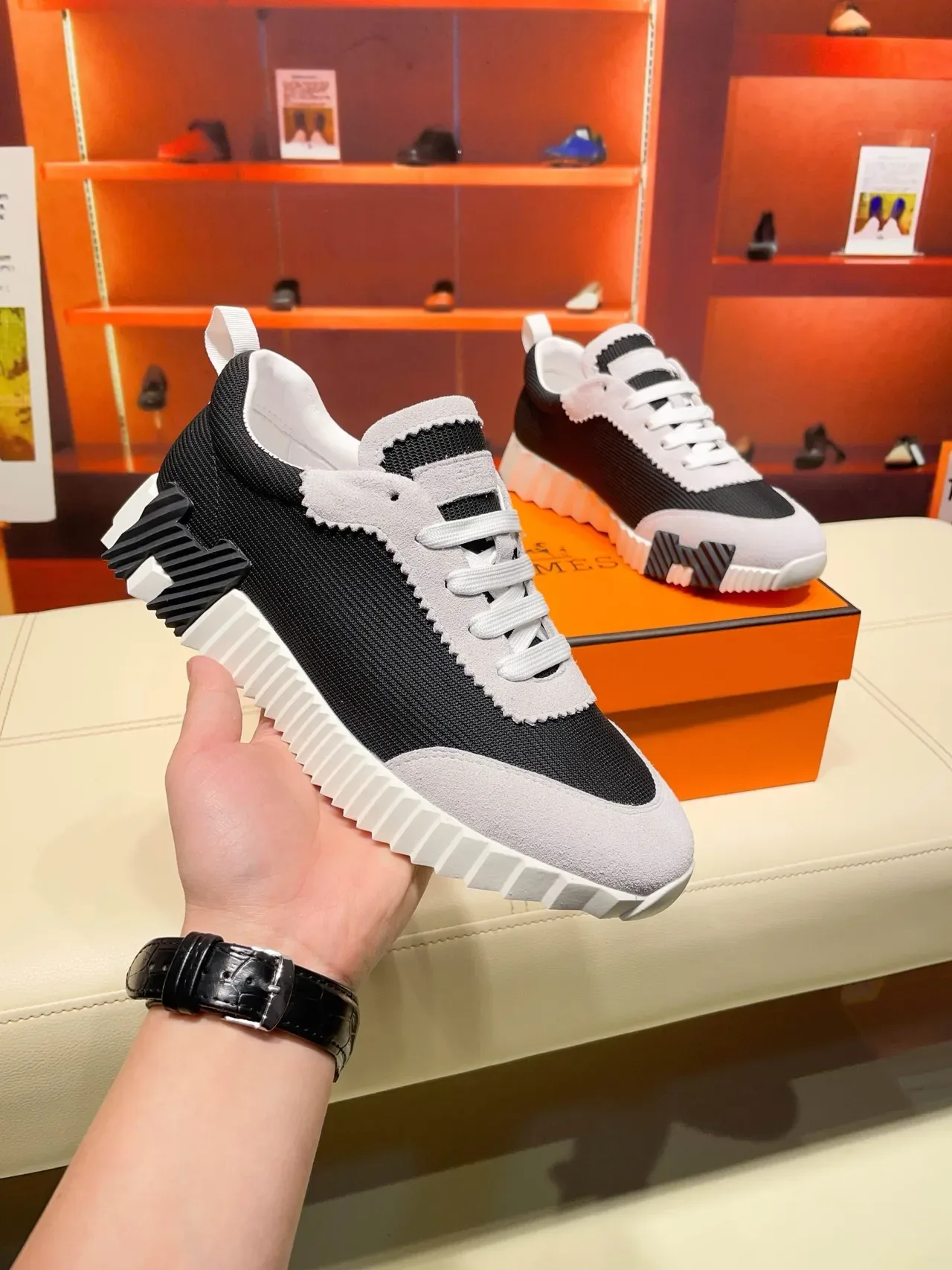 Hermès Black Gray Sculpted Ridged Midsole Mesh Upper Lifestyle Sneakers 9