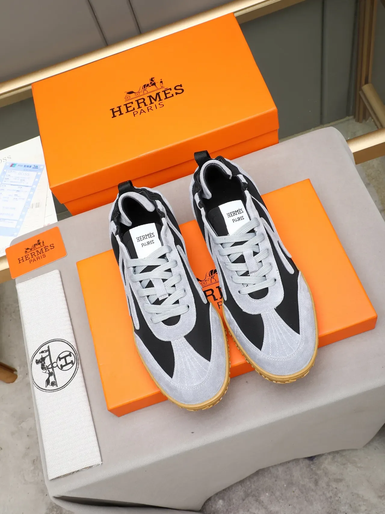 Hermès Black Gray Two-Tone Suede And Nylon Abstract Logo Panel Sneakers 3