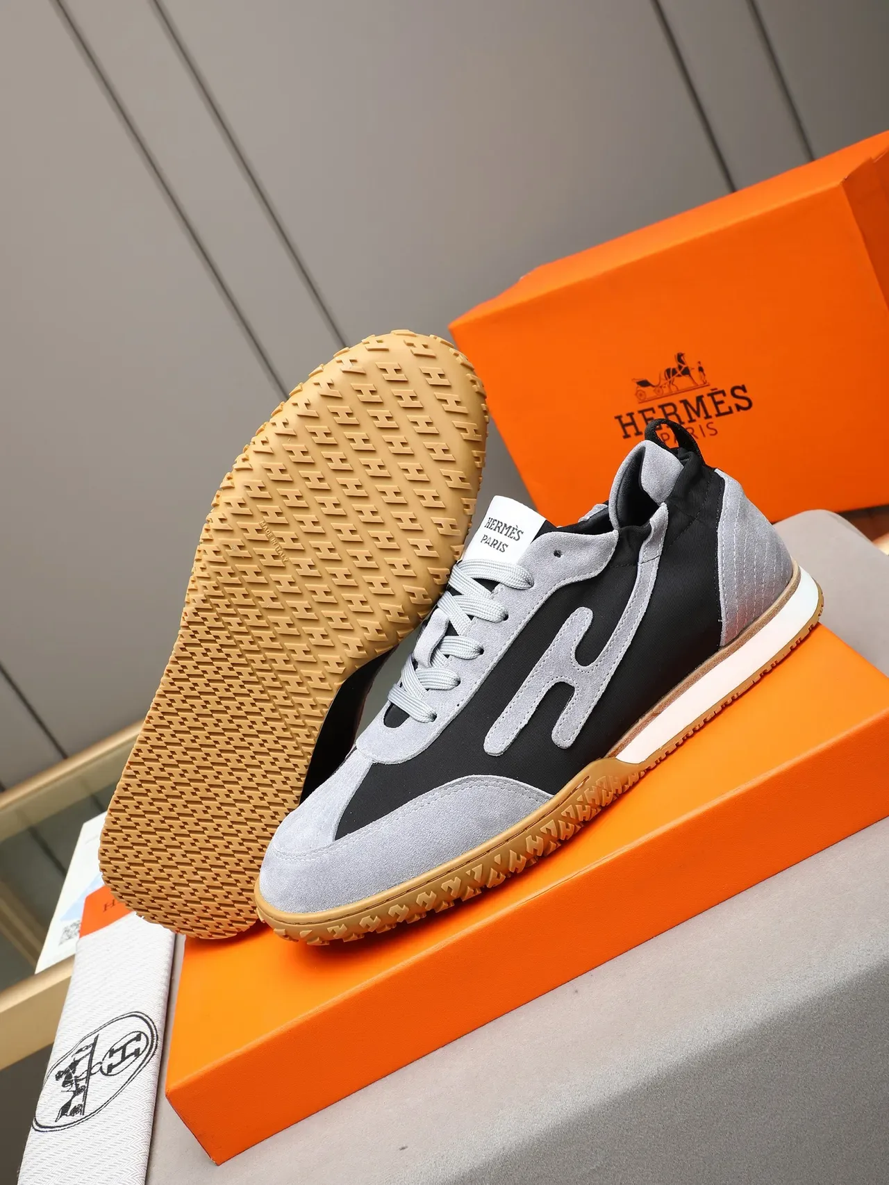 Hermès Black Gray Two-Tone Suede And Nylon Abstract Logo Panel Sneakers 4