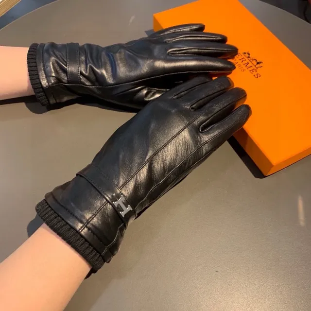Hermès Luvas de couro preto e prata suave com punho de tricô ribeteado 2