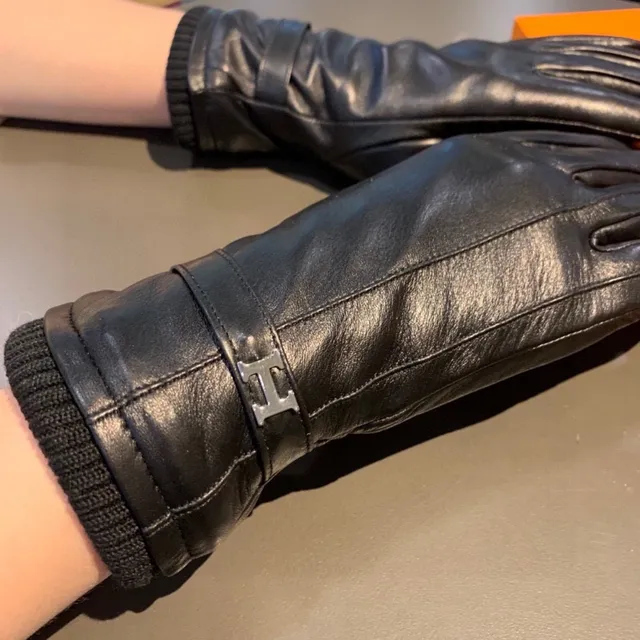 Hermès Luvas de couro preto e prata suave com punho de tricô ribeteado 3