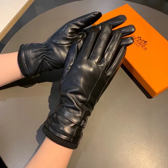 Hermès Luvas de couro preto e prata suave com punho de tricô ribeteado 4