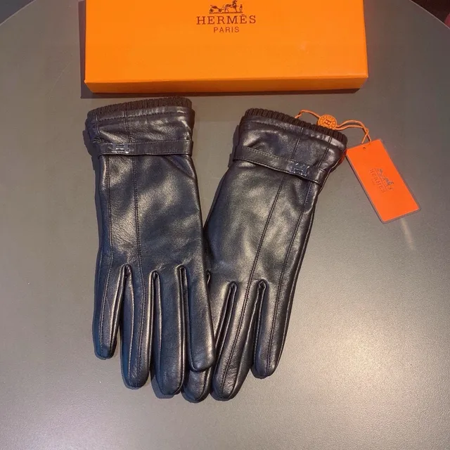 Hermès Luvas de couro preto e prata suave com punho de tricô ribeteado 5