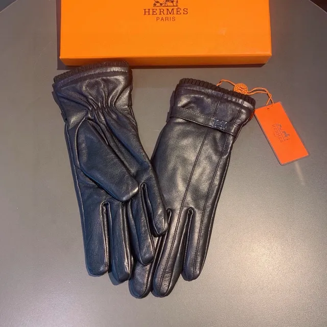 Hermès Luvas de couro preto e prata suave com punho de tricô ribeteado 6