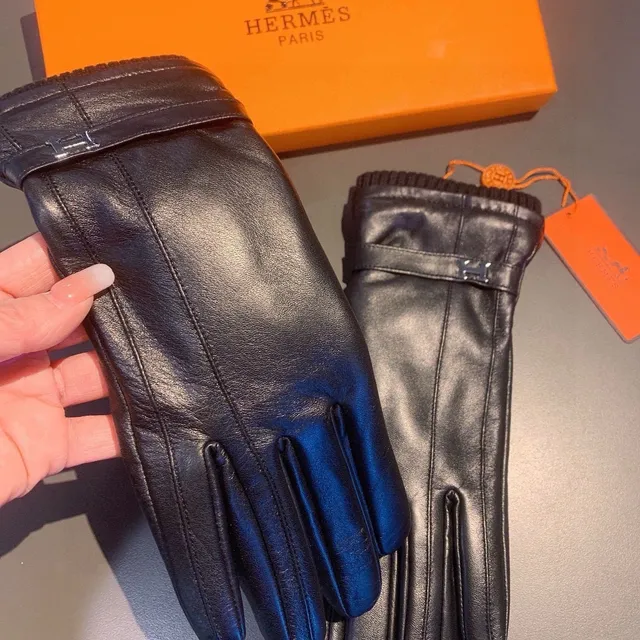 Hermès Luvas de couro preto e prata suave com punho de tricô ribeteado 7