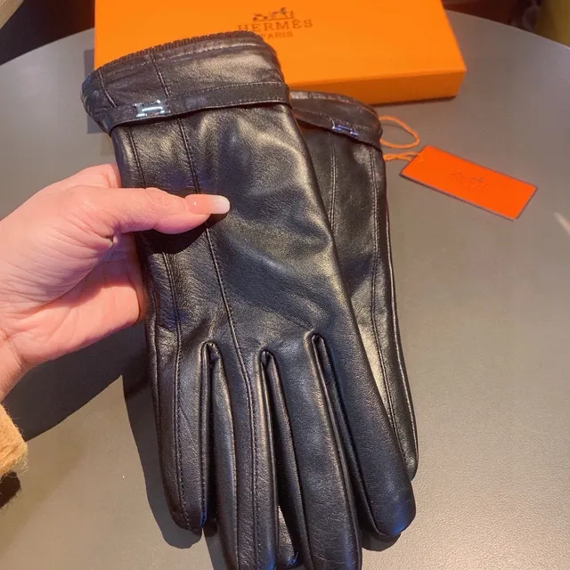 Hermès Luvas de couro preto e prata suave com punho de tricô ribeteado 8