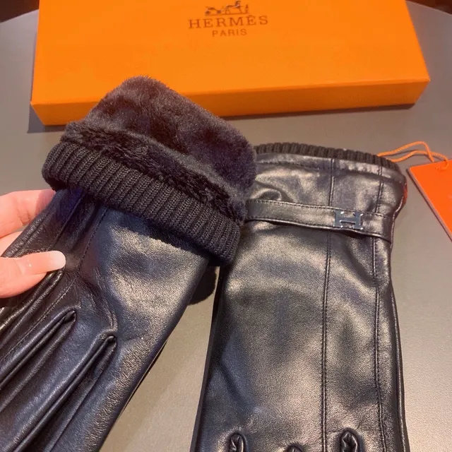 Hermès Luvas de couro preto e prata suave com punho de tricô ribeteado 9