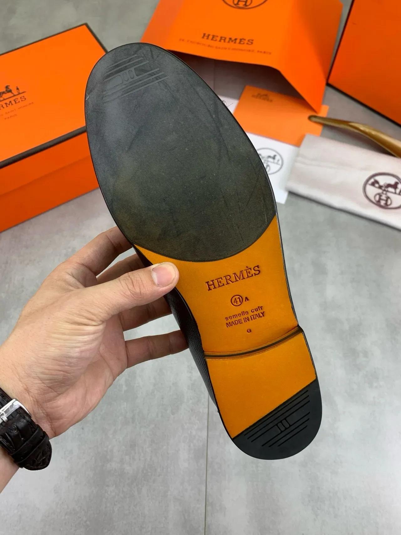 Hermès Black Silver Textured Leather Metal Buckle Clasp Loafer 3