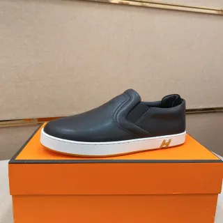 Hermès Negro Blanco Slip-On Cuero Superior Mocasín