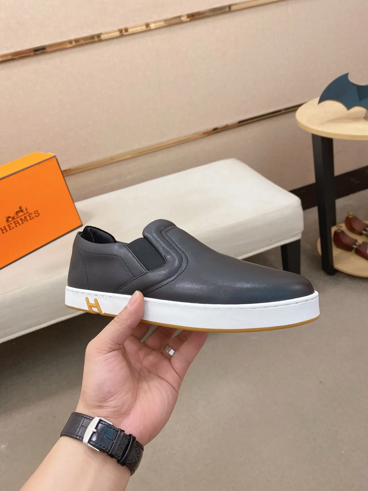 Hermès Black White Slip-On Leather Upper Loafer 4