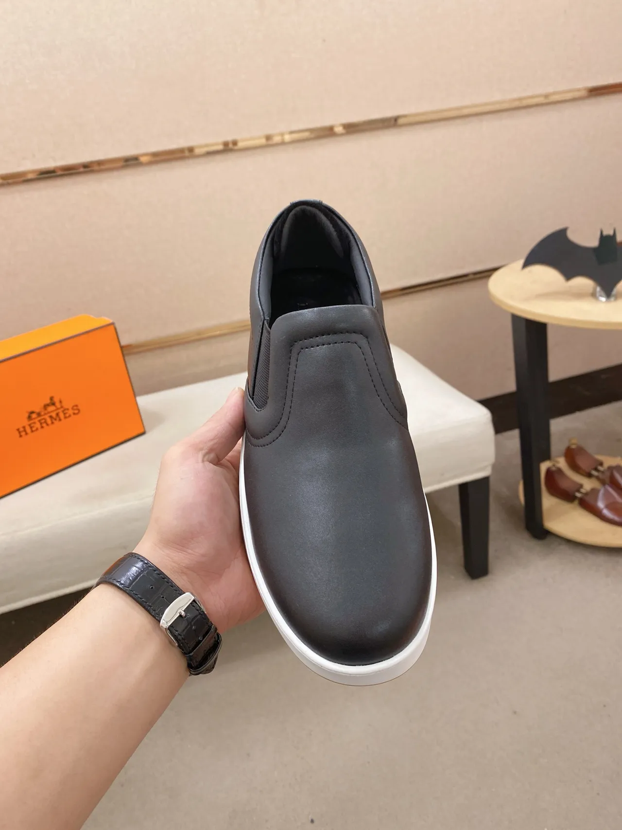 Hermès Black White Slip-On Leather Upper Loafer 5