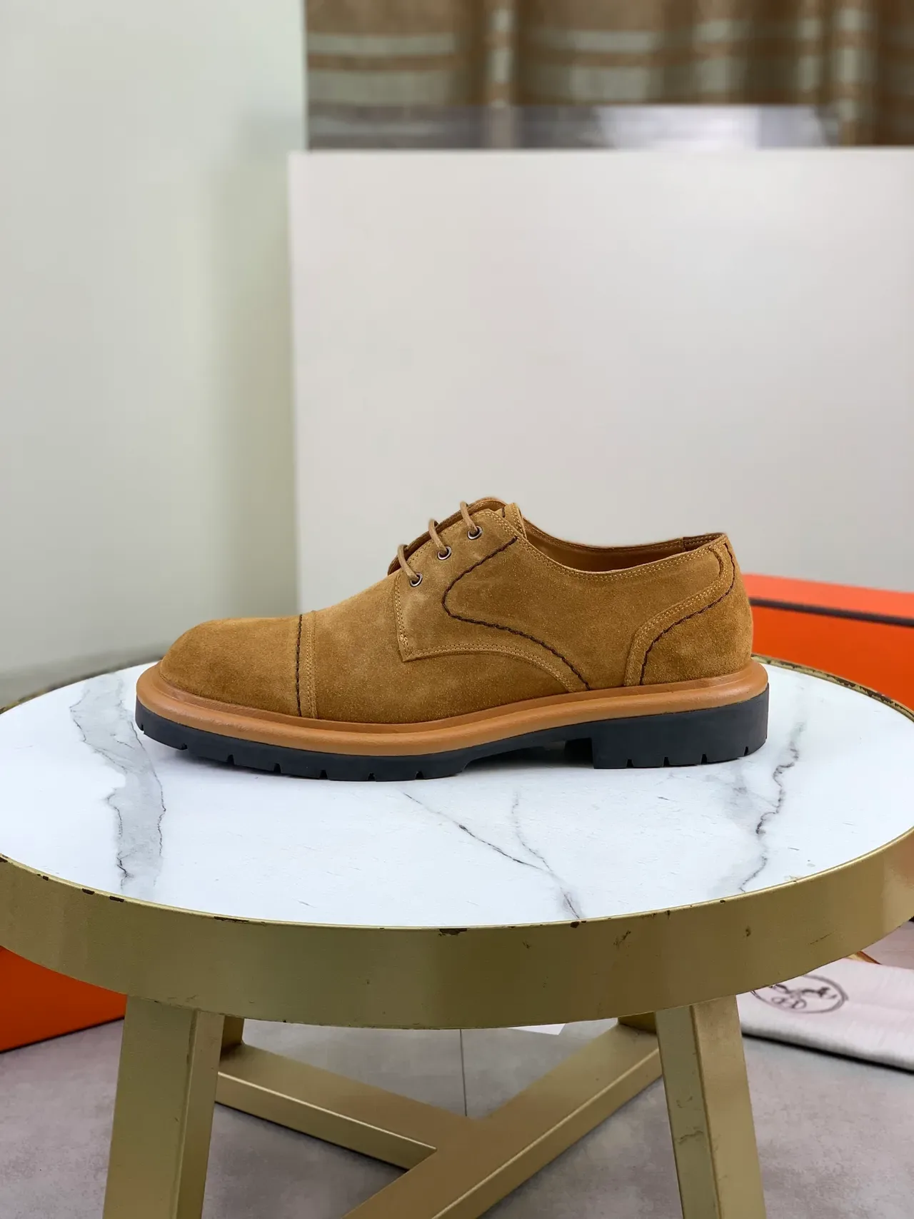 Hermès Brown Beige Suede Cap-Toe Contrast Topstitching Derby Shoes 2