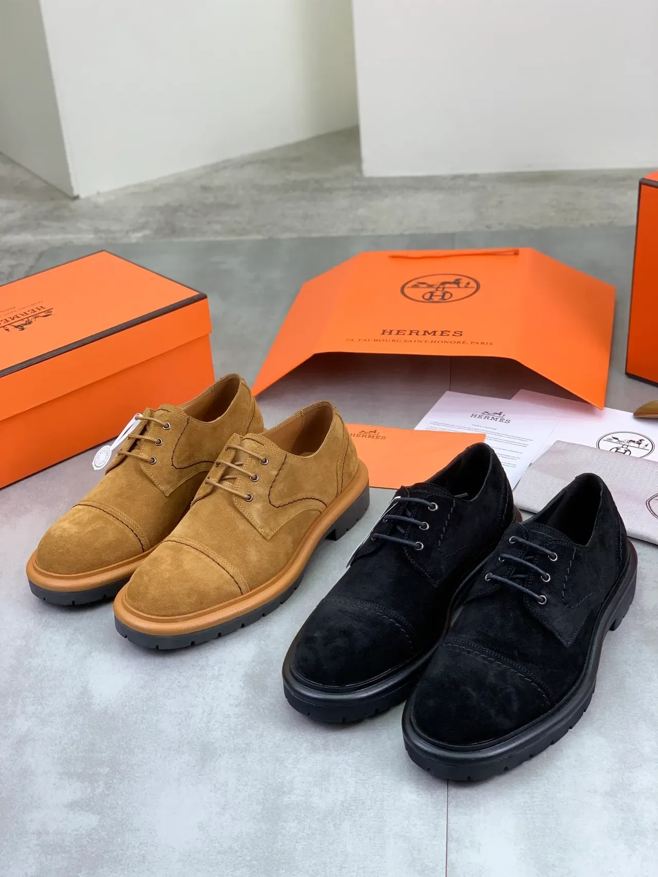 Hermès Brown Beige Suede Cap-Toe Contrast Topstitching Derby Shoes 3