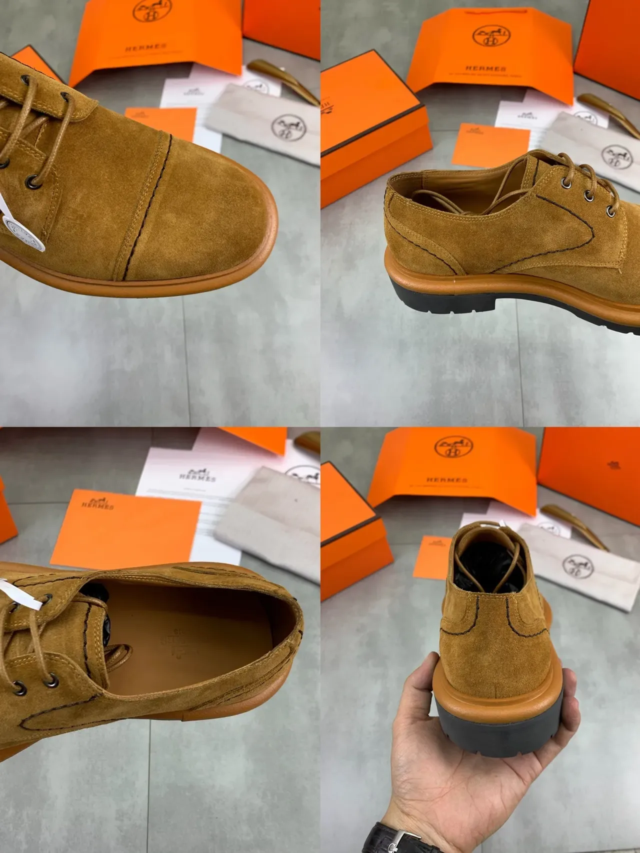 Hermès Brown Beige Suede Cap-Toe Contrast Topstitching Derby Shoes 4