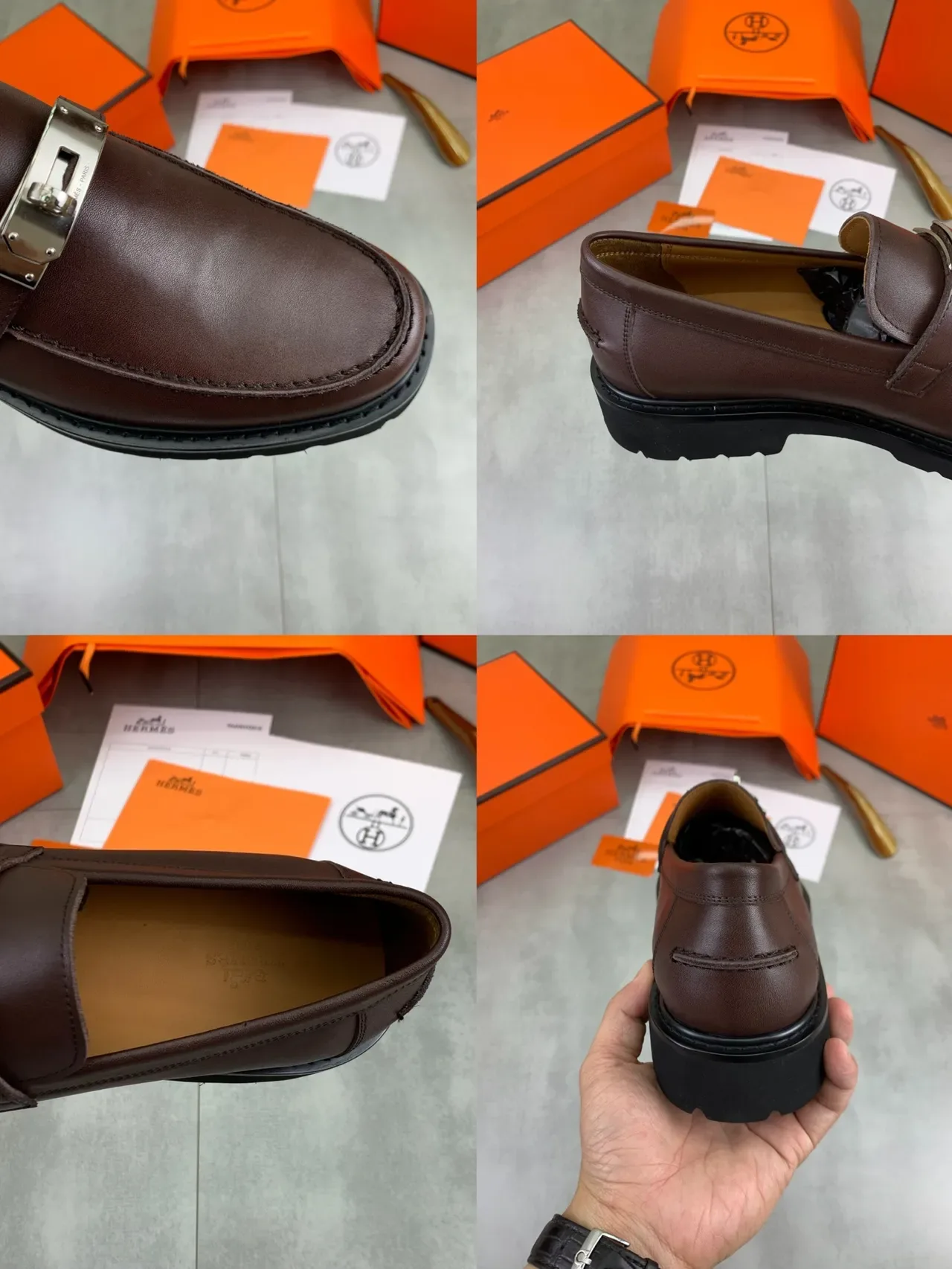 Hermès Mocassim de Couro Marrom Preto Slip-On com Fivela de Metal Turn-Lock 2