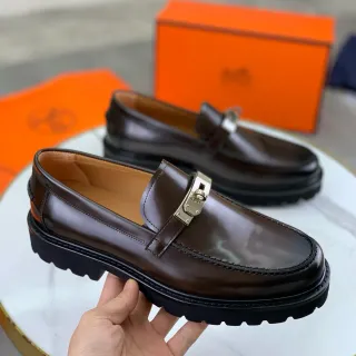 Hermès Marron Noir Cuir Poli Metal H-Buckle Loafer