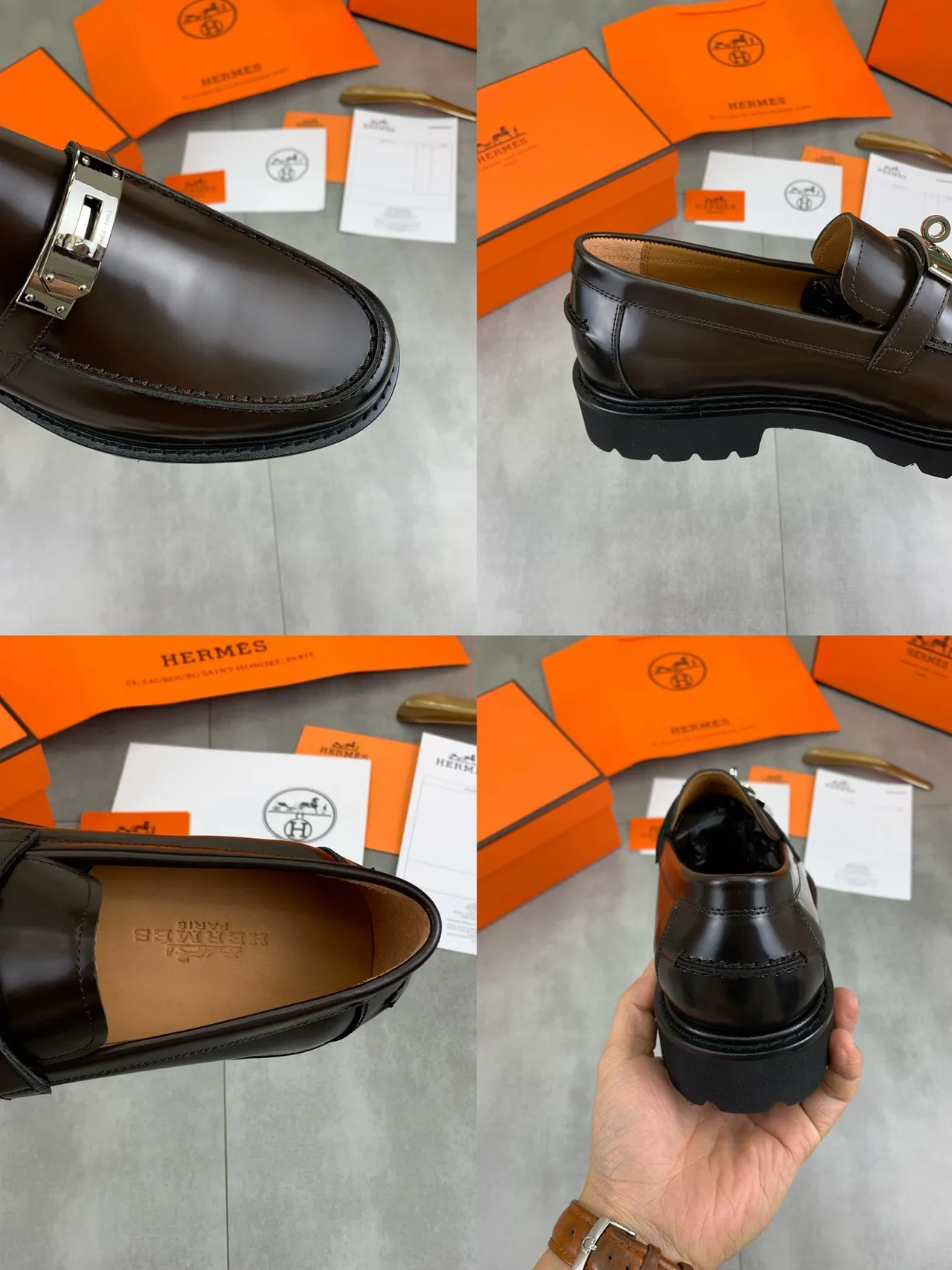 Hermès Brown Black Polished Leather Metal H-Buckle Loafer 2