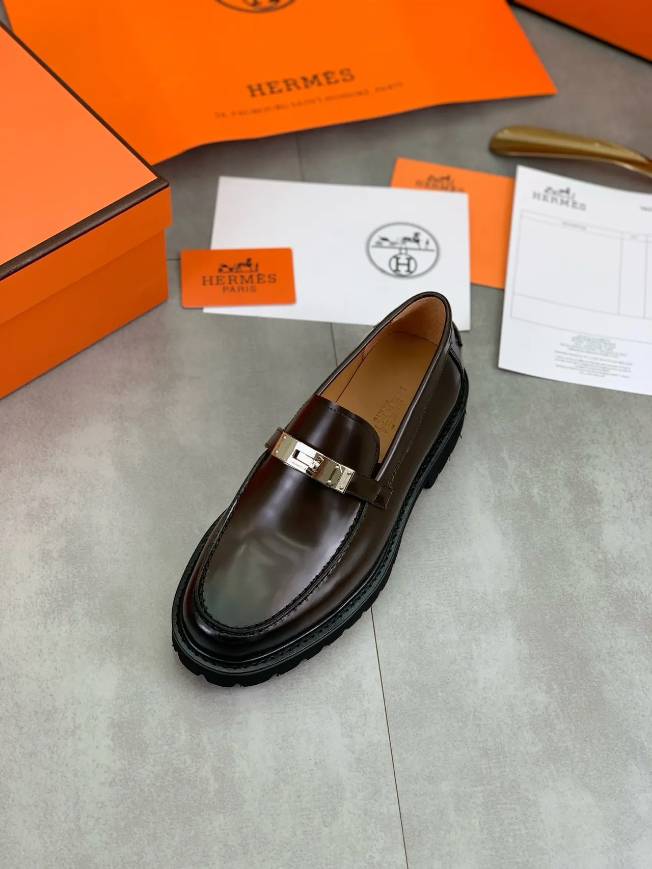 Hermès Brown Black Polished Leather Metal H-Buckle Loafer 4
