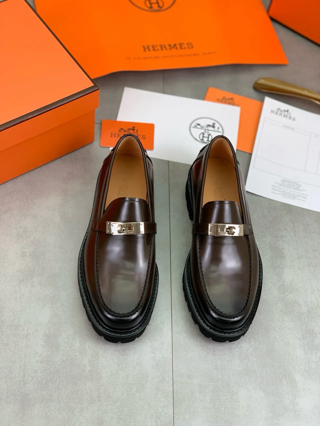 Hermès Brown Black Polished Leather Metal H-Buckle Loafer 5
