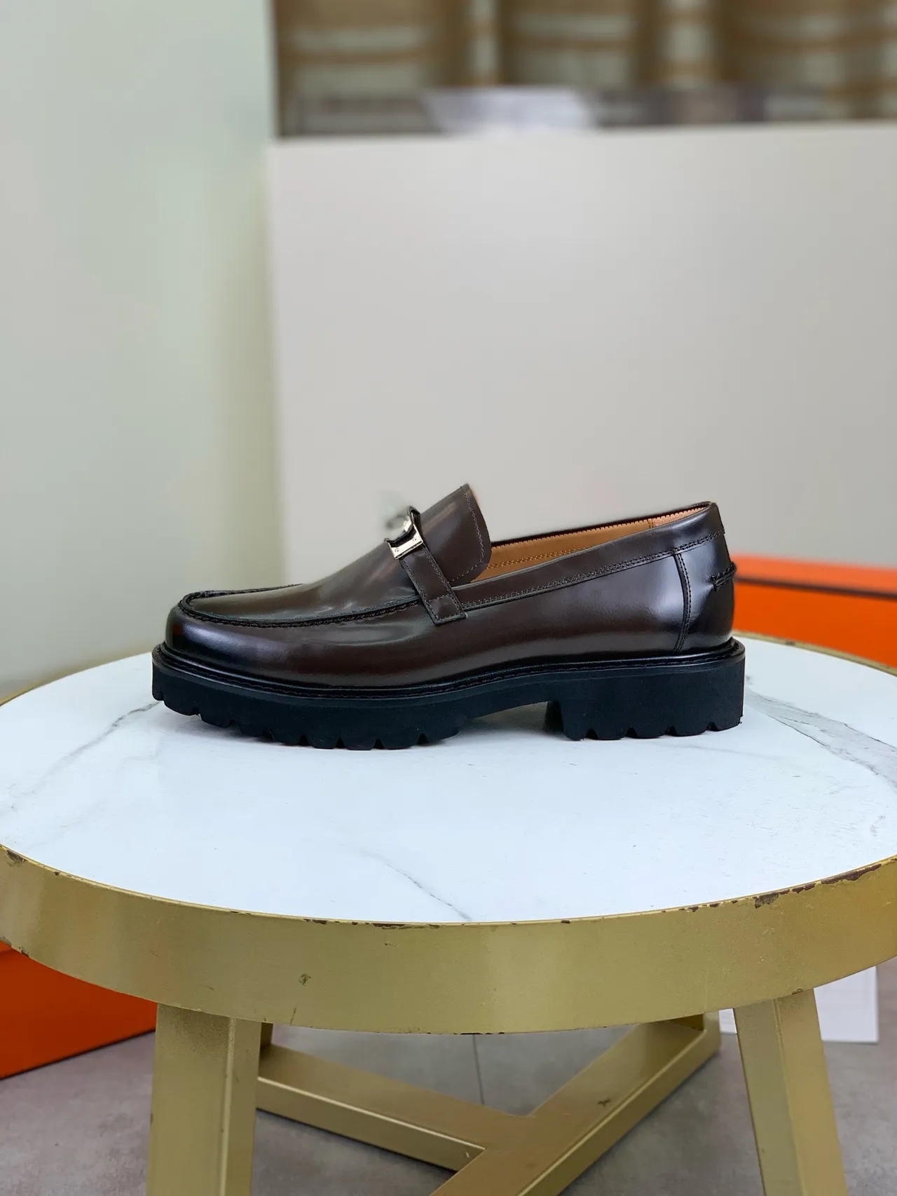 Hermès Brown Black Polished Leather Metal H-Buckle Loafer 6